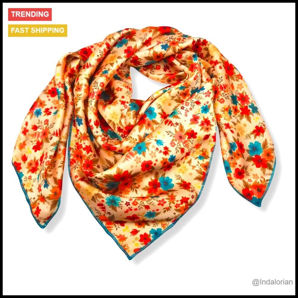 Silk Blend Western Scarf Elegant Vintage Floral Design Square Bandana Accessory